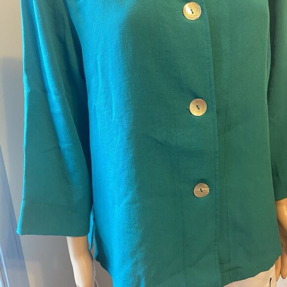 Fridaze Top Womens L 100% Linen Green Collared Button Up Shirt Jacket Lagenlook - Picture 7 of 10